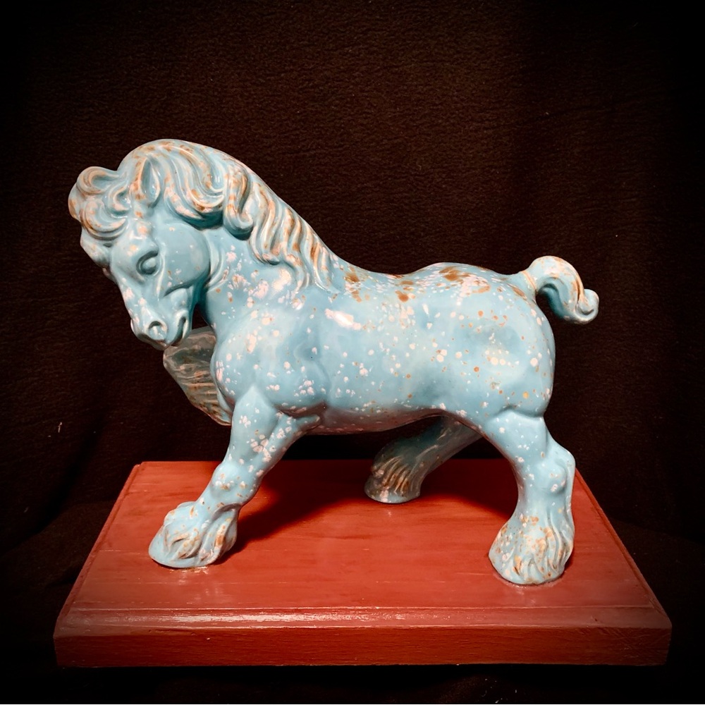 Heavy Blue Horse Sculpture on Wood Base – Tail Repair – 5+ LB Statement Decor